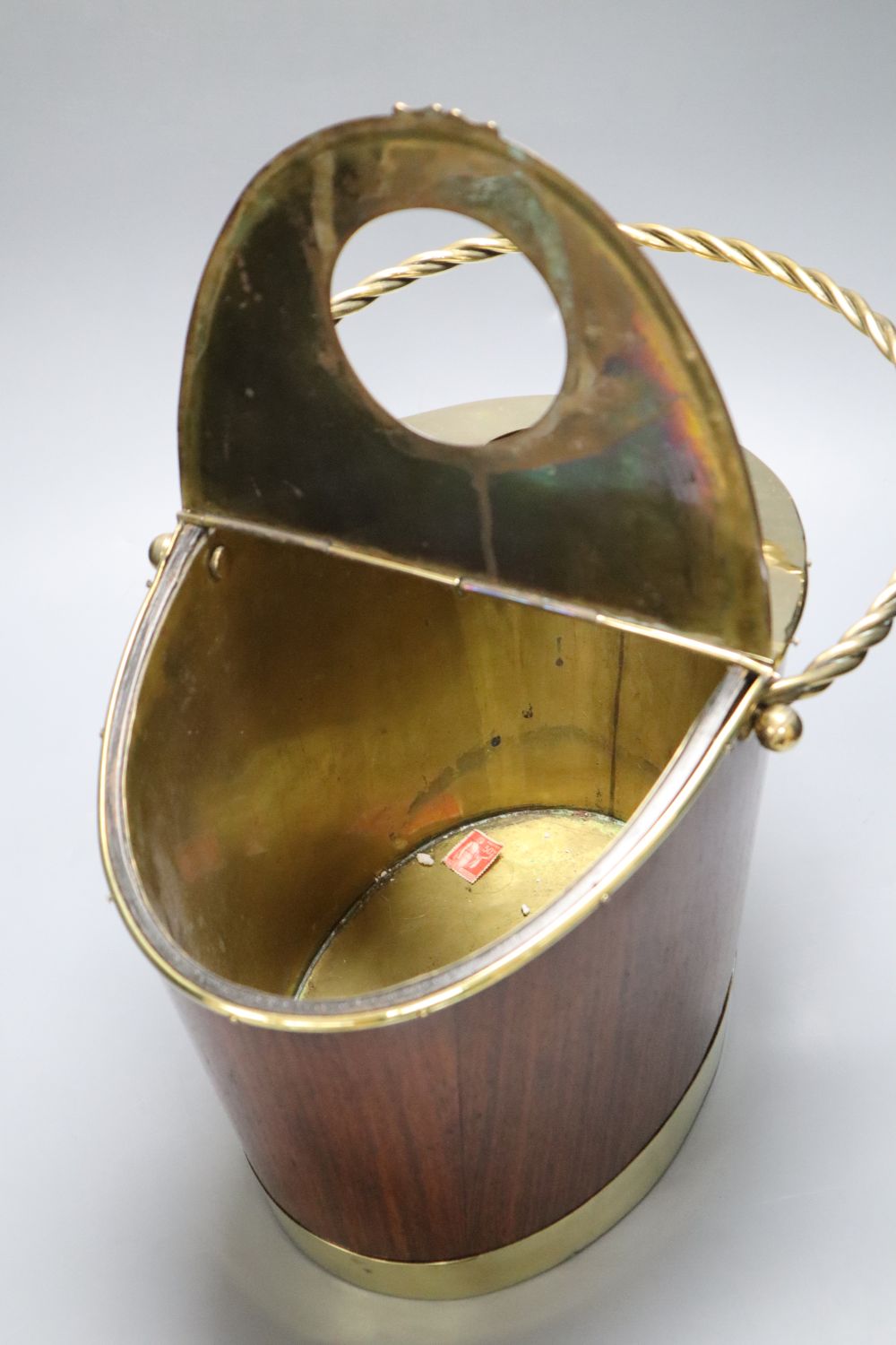 A 19th century padouk and brass two bottle wine cooler bucket, overall height 44cm